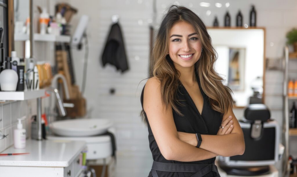 Confident lawyer in office setting, smiling with arms crossed, surrounded by office supplies and decor.