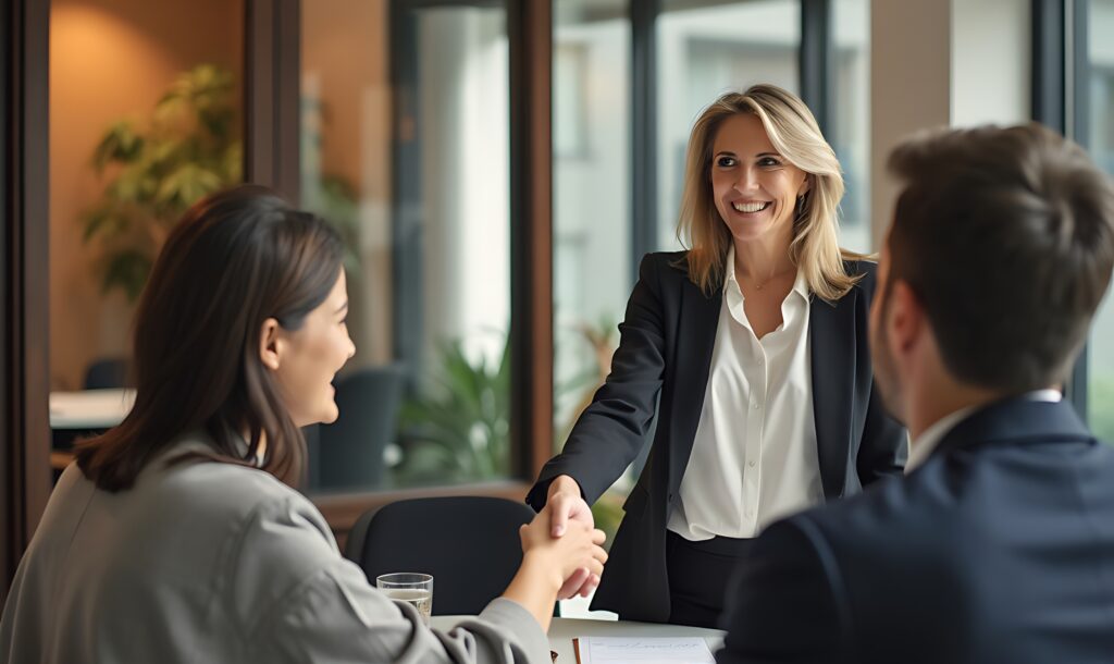 Lawyer in a suit shaking hands with a client across a table in a modern office setting.