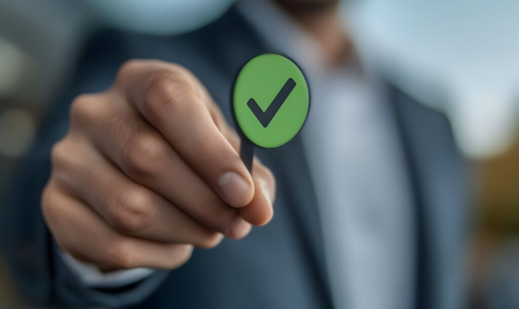 A lawyer in a suit holding a green check mark symbol, representing approval or legal success.