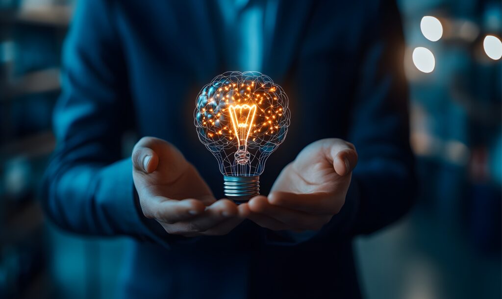 A lawyer in a suit holds a glowing brain-shaped light bulb, symbolizing creativity and innovation in legal practice.