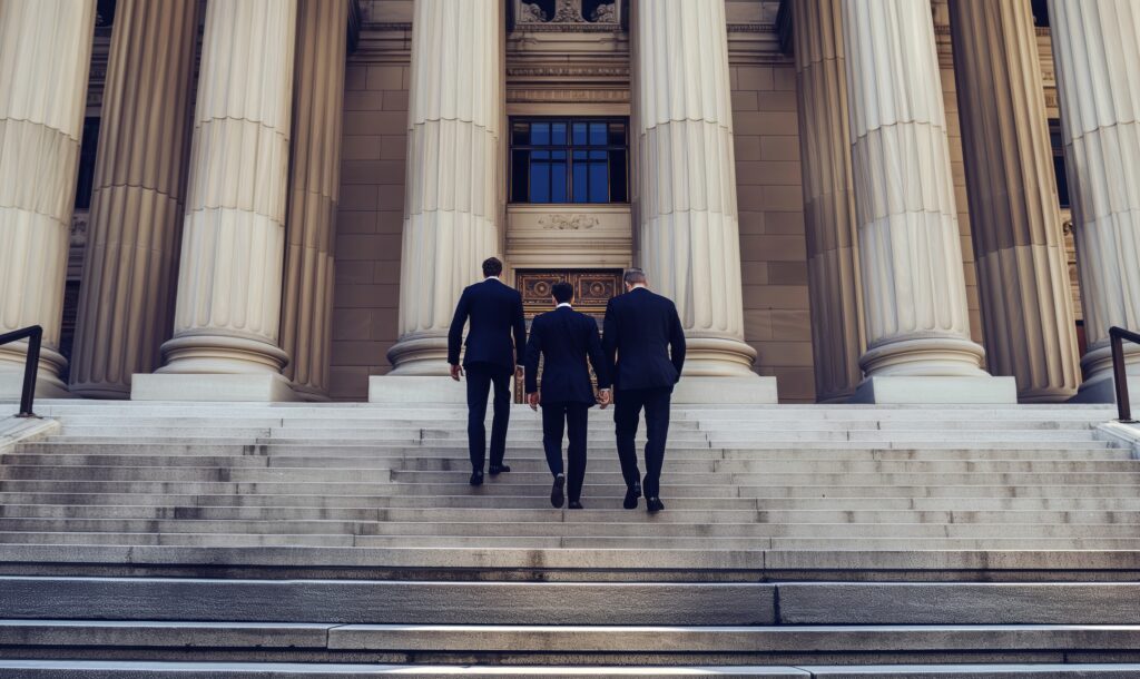 Three lawyers in suits ascend courthouse steps with large pillars in the background.