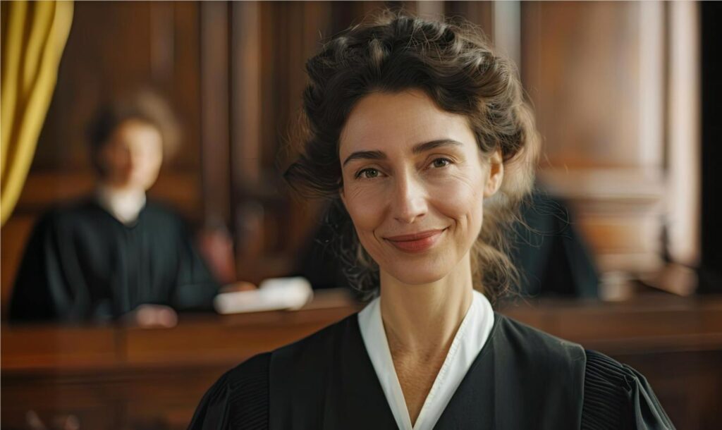 Female lawyer smiling confidently in courtroom with judge in the background.