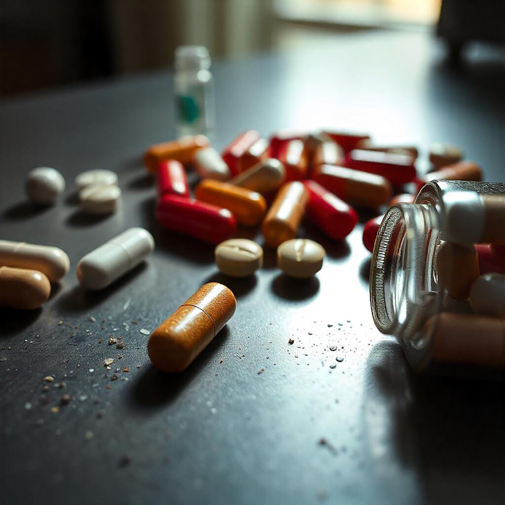 Pills scattered from a bottle on a table, highlighting potential legal issues a lawyer might address in the pharmaceutical sector.