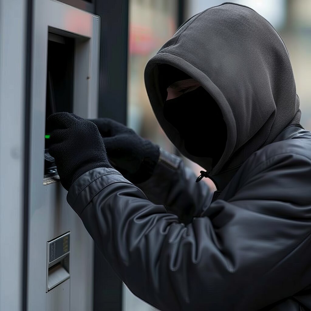 Individual in dark clothing suspiciously tampering with an ATM.