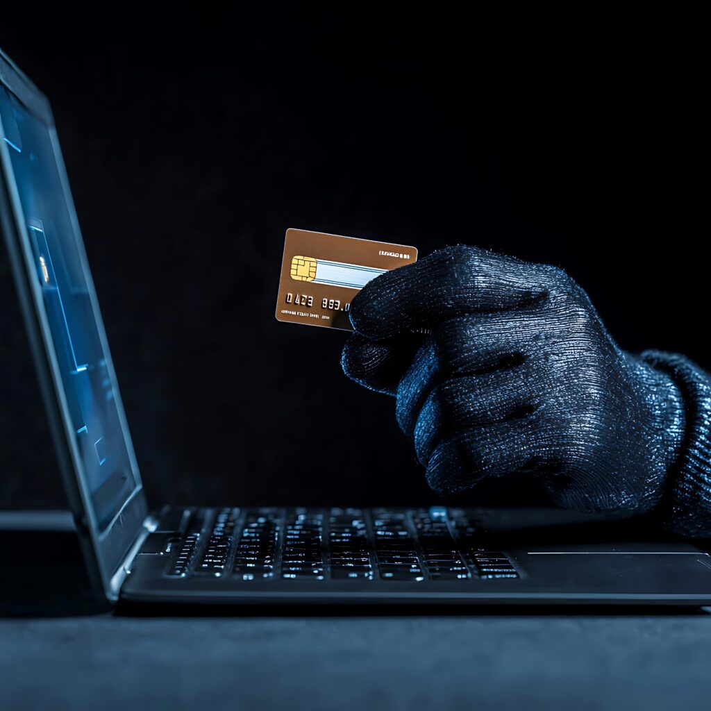 Gloved hand holding credit card near laptop, suggesting cyber fraud, relevant to legal issues a lawyer may handle.