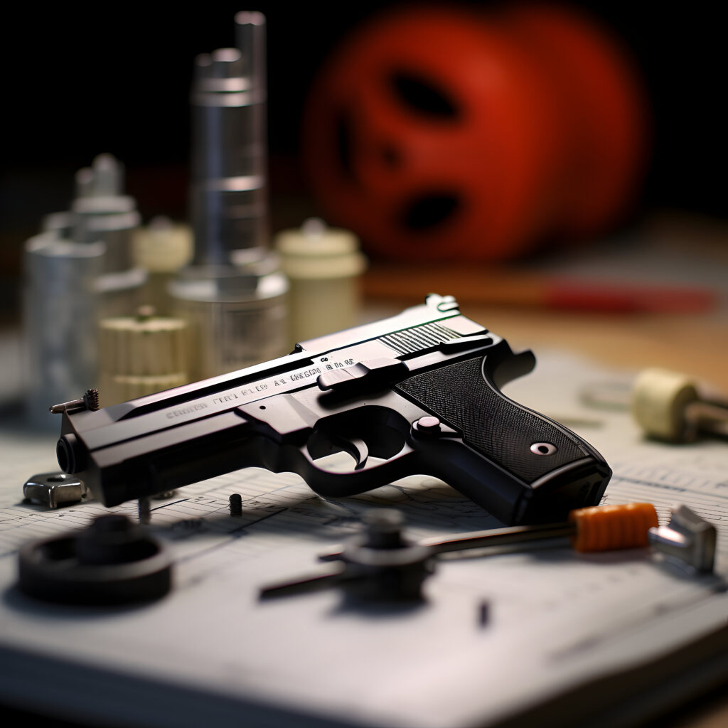 Gun on a desk with tools, suggesting a lawyer's workspace possibly involving forensic or criminal cases.