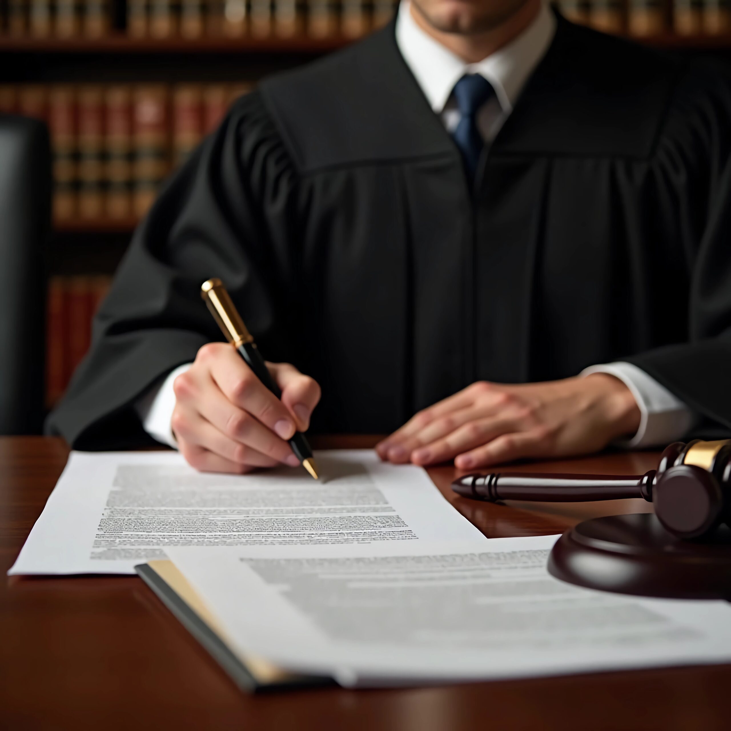 Lawyer in black robe signing legal documents at a desk, with gavel in view, symbolizing judicial authority and practice.