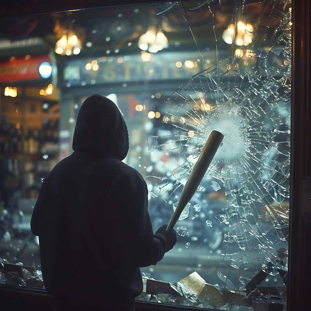 Hooded figure with bat shatters a store window. Potential legal case for a lawyer specializing in vandalism.