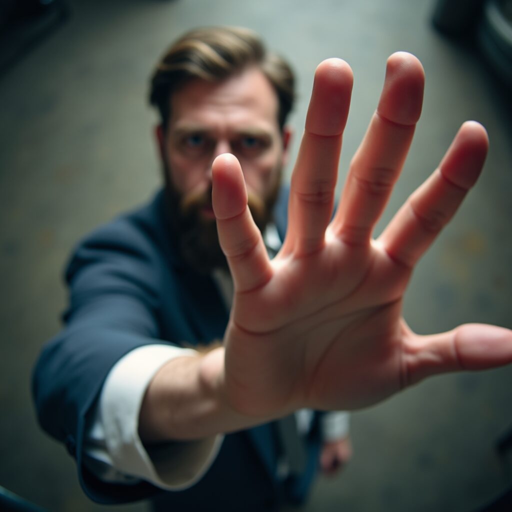 Lawyer in a suit reaches forward with an outstretched hand, creating a dramatic perspective.